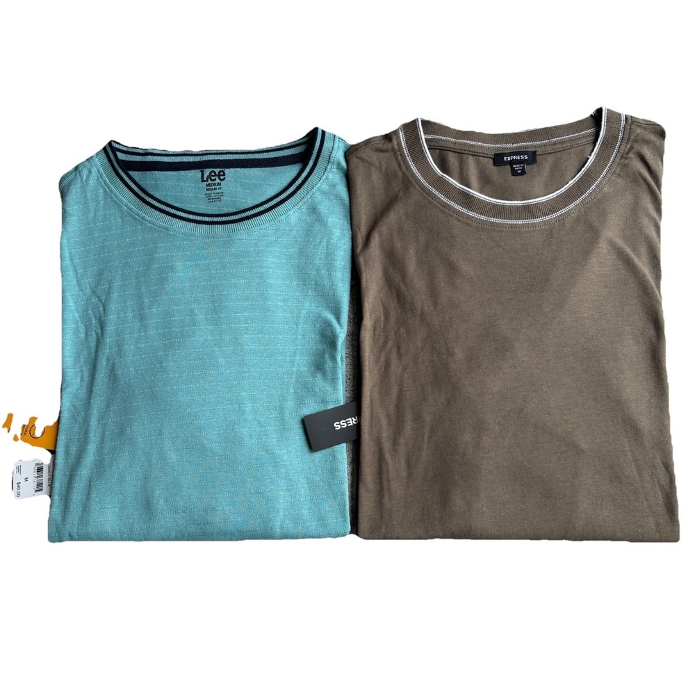 Lot Of 2 Crew Neck T-Shirt Mens M Turquoise Brown Lee Express Long‎ Sleeve  NEW